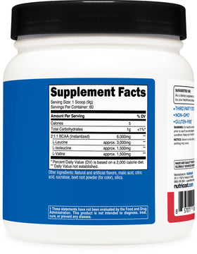 Nutricost BCAA Poudre 630g - vue de l'arrière avec informations nutritionnelles