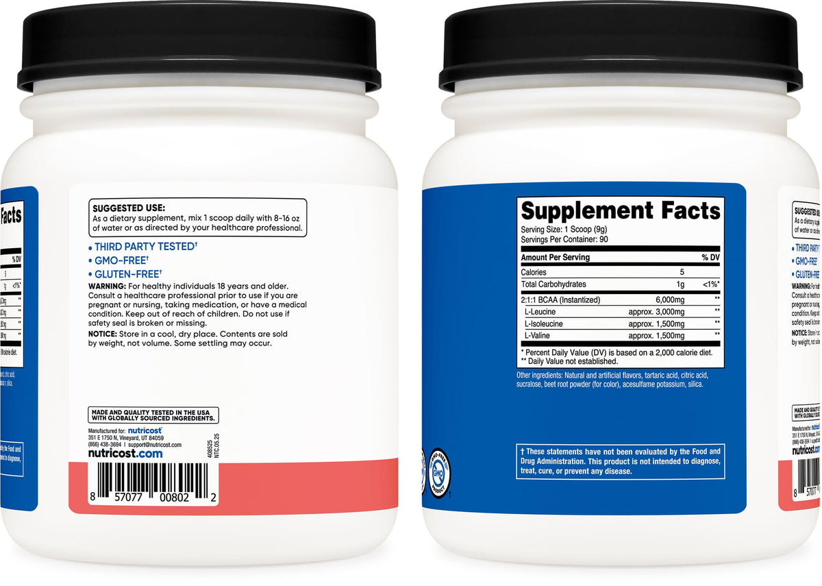 Nutricost BCAA Poudre Arôme Pastèque 948g et cuillère de mesure
