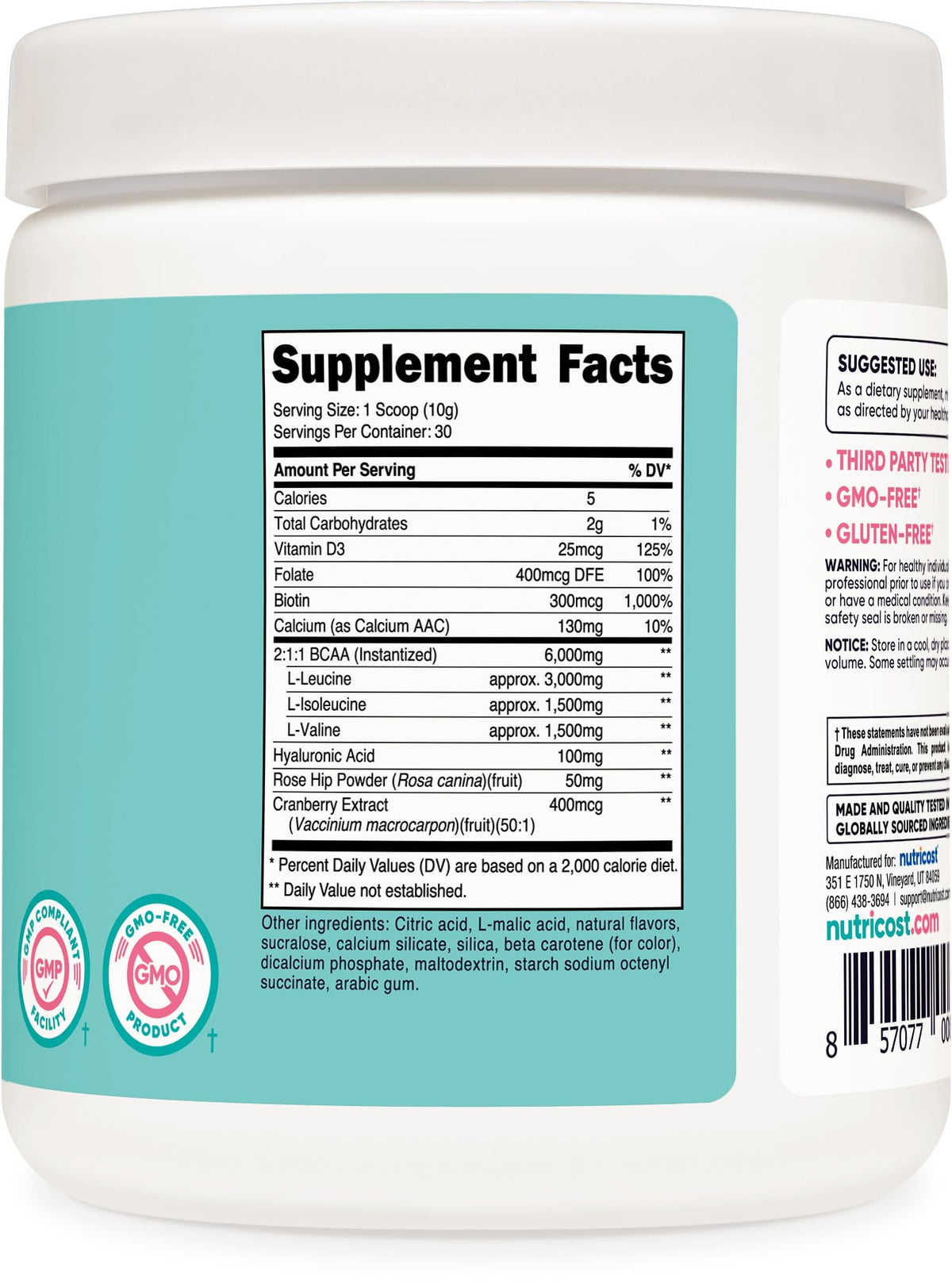 Nutricost BCAA pour Femmes packaging avec des fruits en arrière-plan
