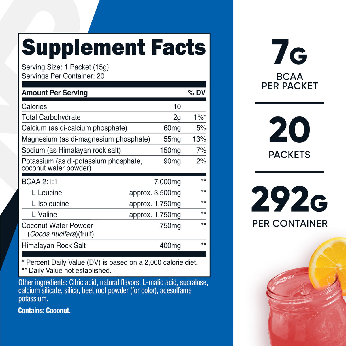 Nutricost BCAA+ sachets hydratation citron framboise, arrière de l'emballage