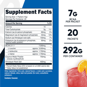 Nutricost BCAA+ sachets hydratation citron framboise, arrière de l'emballage