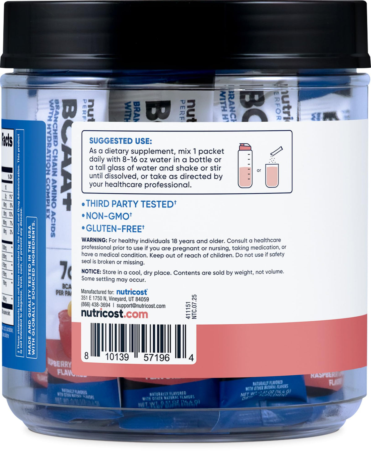 Nutricost BCAA+ sachets hydratation citron framboise, présentation des stickpacks