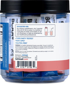 Nutricost BCAA+ sachets hydratation citron framboise, présentation des stickpacks