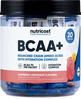 Nutricost BCAA+ sachets hydratation goût citron framboise, vue de face