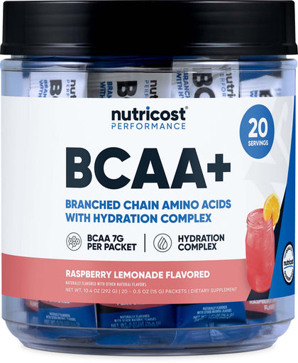 Nutricost BCAA+ sachets hydratation goût citron framboise, vue de face