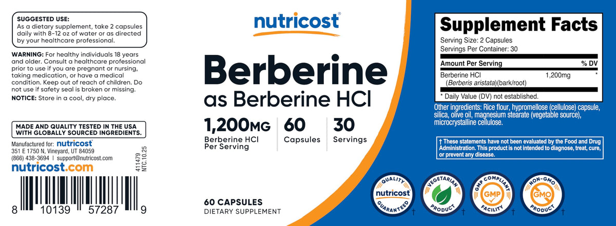 Nutricost Berberine HCl 1200mg avec un verre d'eau