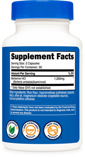 Nutricost Berberine HCl 1200mg sur une table avec des feuilles vertes