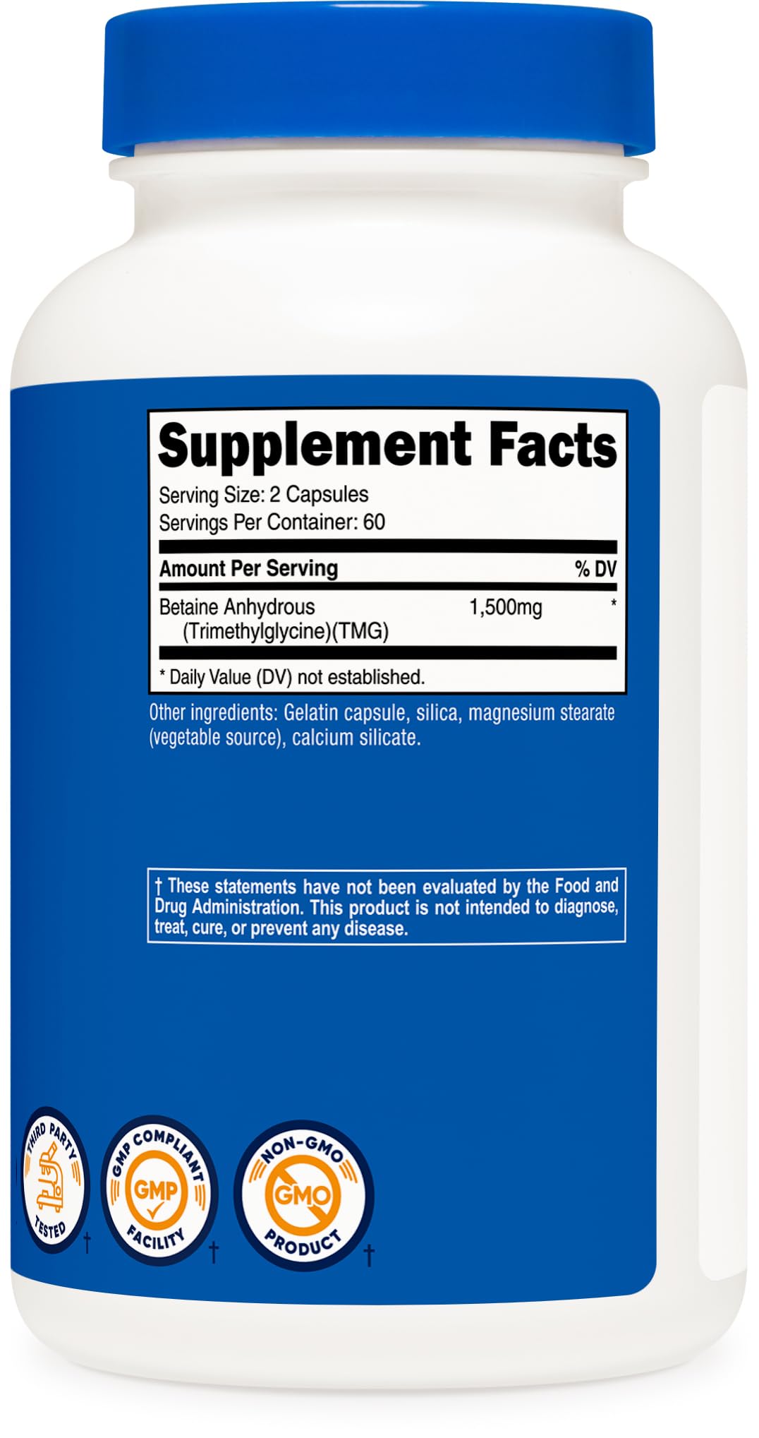 Nutricost Bétaïne Anhydre 750mg capsules près d'un verre d'eau
