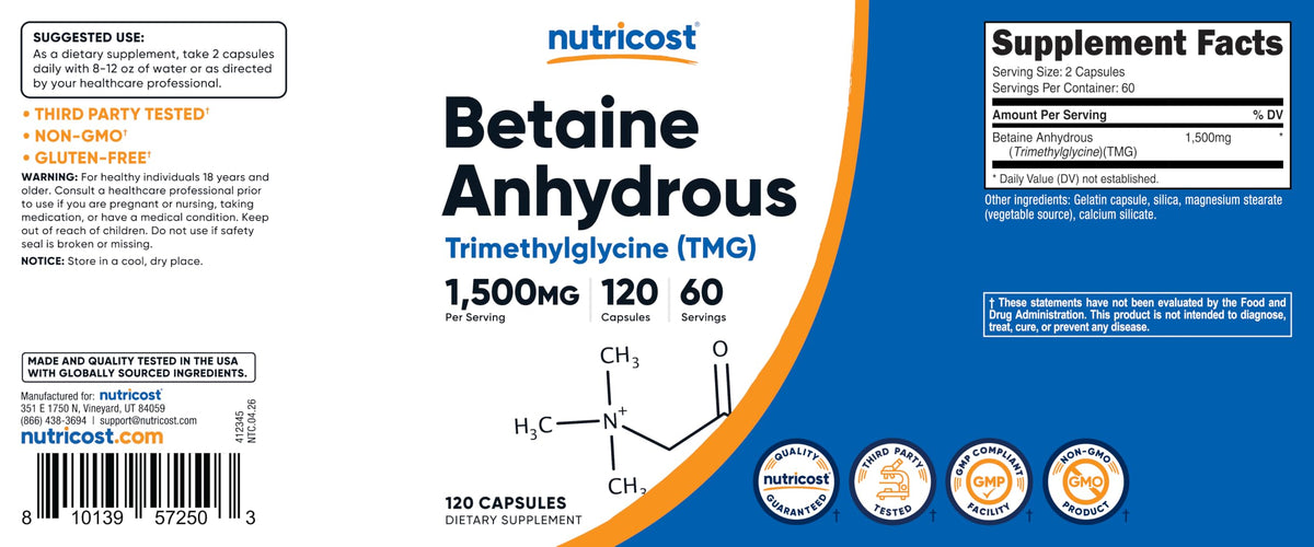 Nutricost Bétaïne Anhydre 750mg flacon ouvert avec capsules