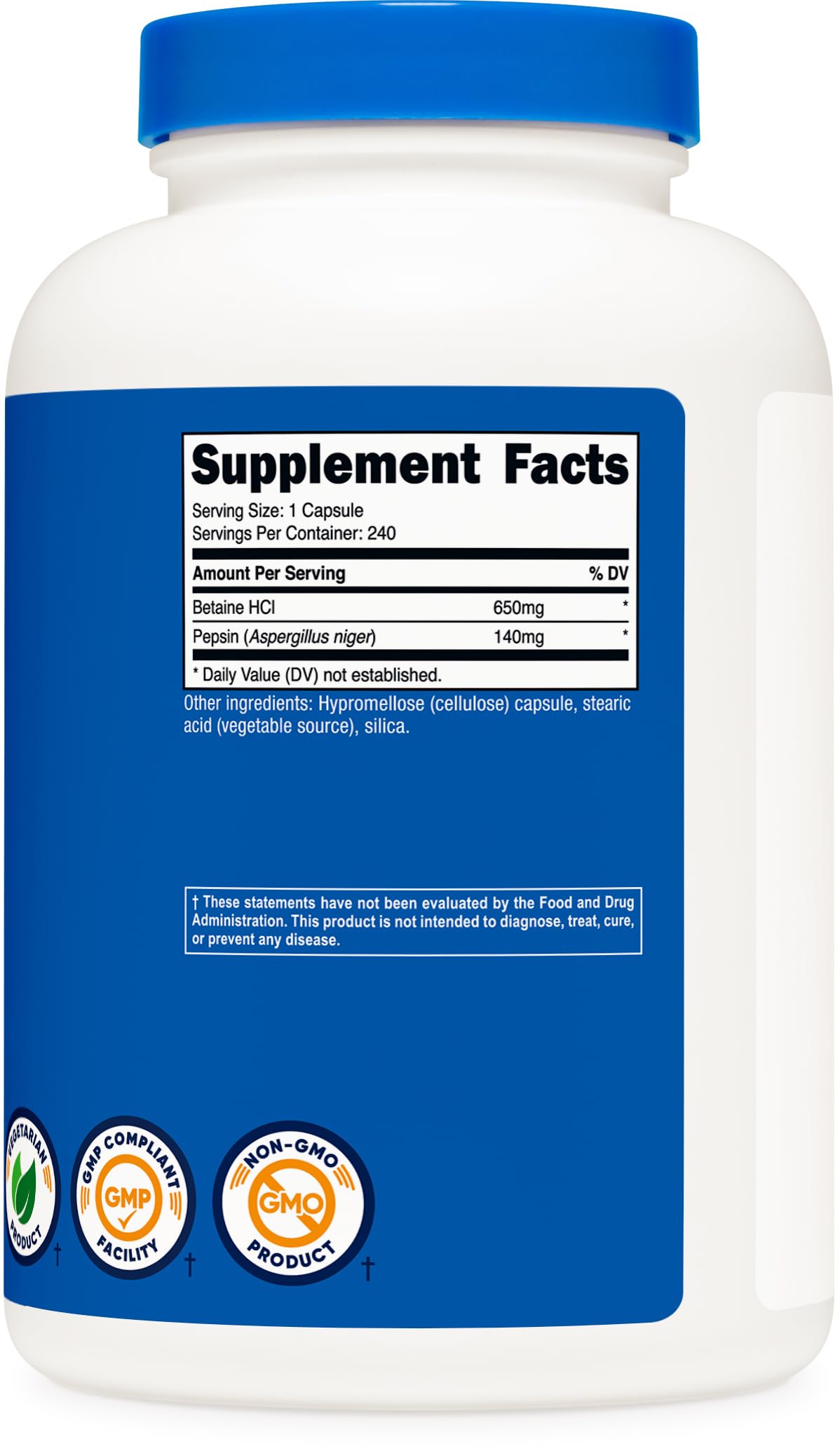 Nutricost Betaine HCl + Pepsin capsules sur une table