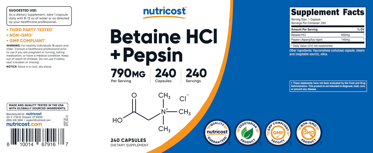 Nutricost Betaine HCl + Pepsin vue arrière de la bouteille