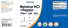 Nutricost Betaine HCl + Pepsin vue arrière de la bouteille