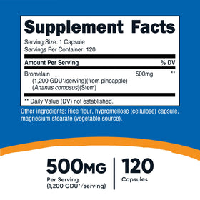 Nutricost Broméline 500mg 120 Capsules, étiquette détaillée