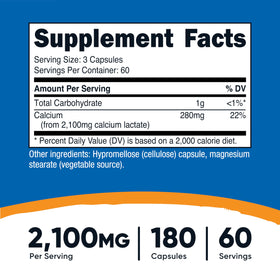 Nutricost Calcium Lactate 180 capsules avec label détaillé