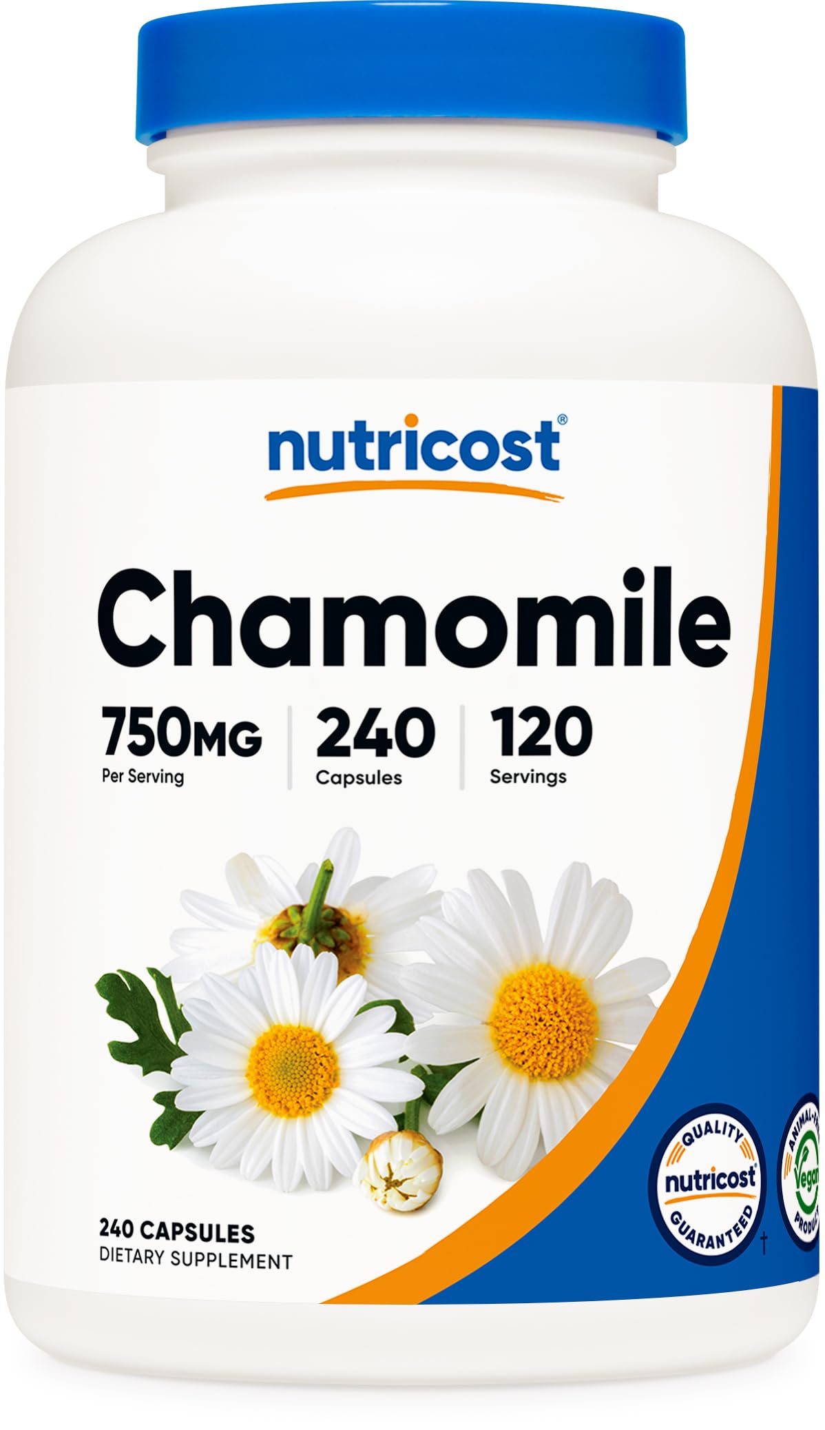 Nutricost Camomille 750mg bouteille vue avant avec gélules végétariennes