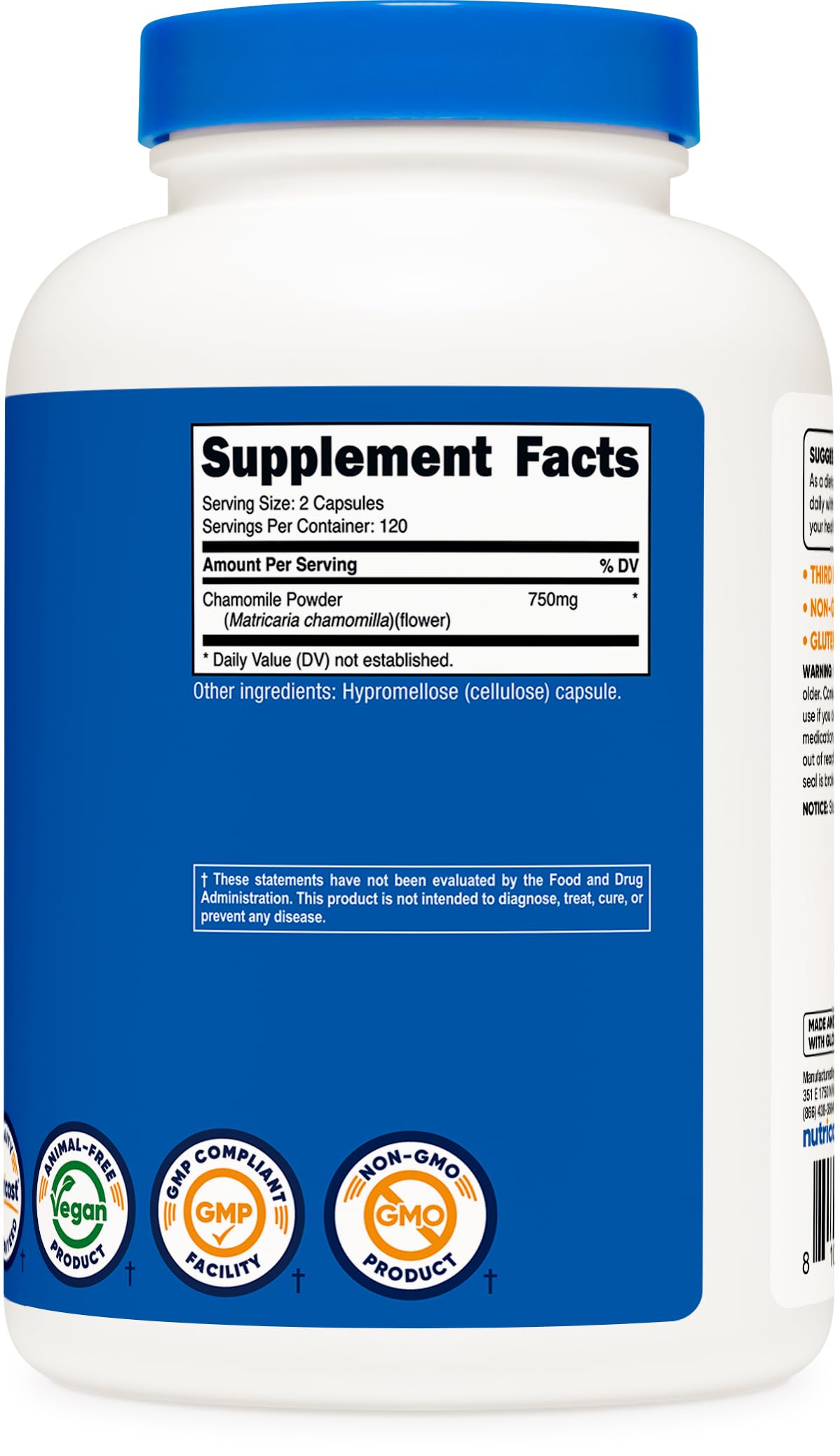 Nutricost Camomille 750mg étiquette de la bouteille avec informations nutritionnelles