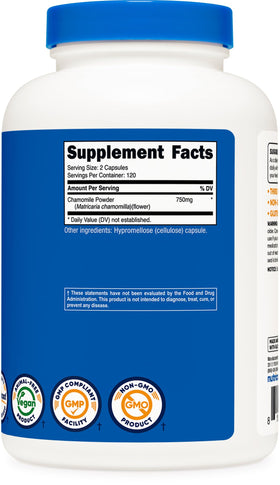 Nutricost Camomille 750mg étiquette de la bouteille avec informations nutritionnelles