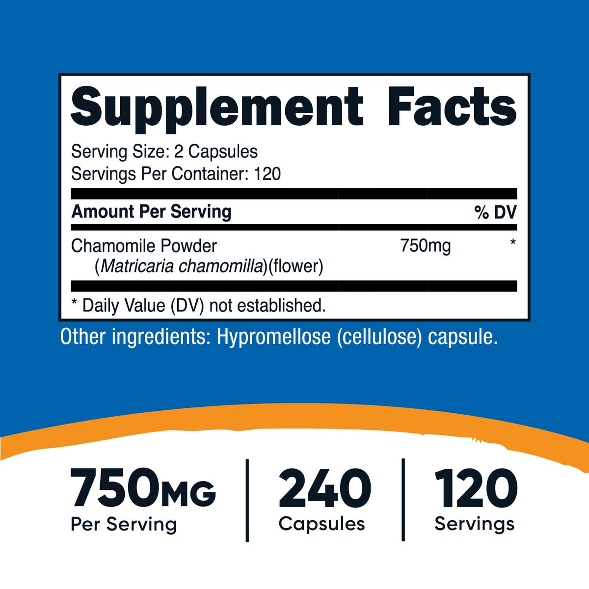 Nutricost Camomille 750mg gélules végétariennes sur un fond blanc