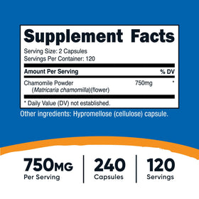 Nutricost Camomille 750mg gélules végétariennes sur un fond blanc