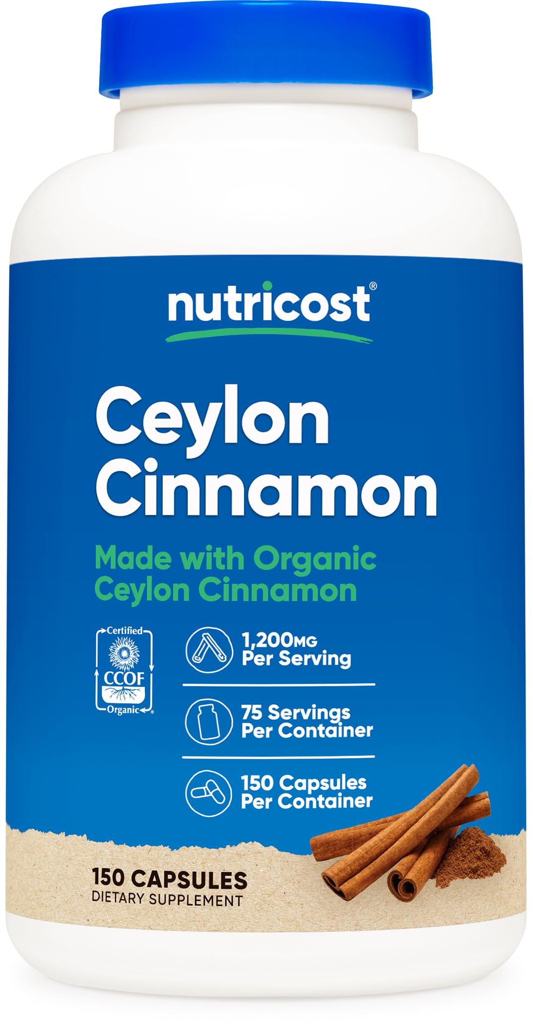 Nutricost Cannelle de Ceylan 1 200 mg 150 gélules végétariennes vue de face