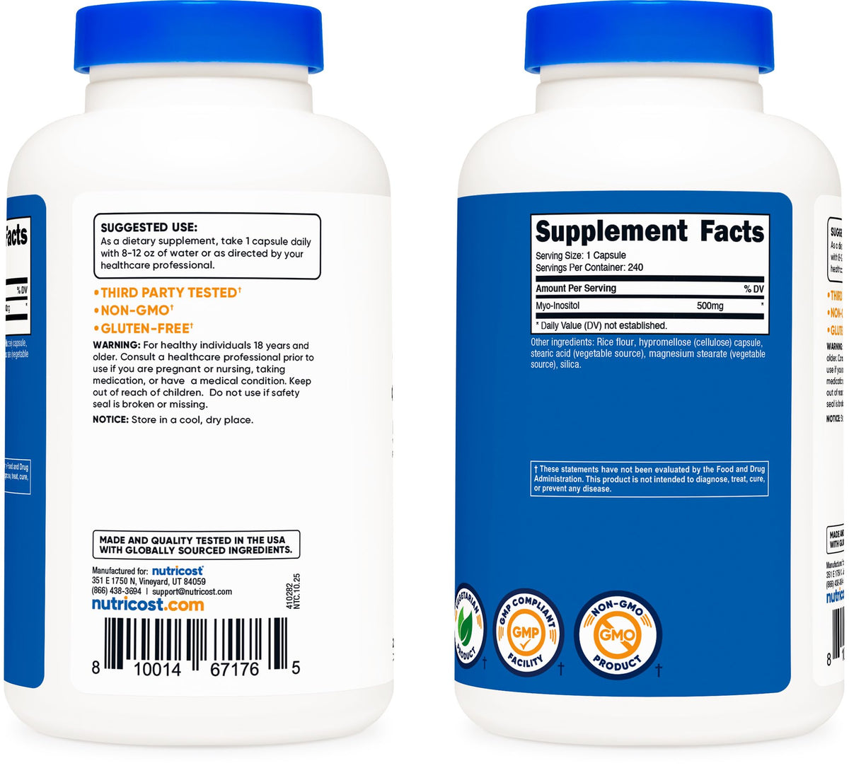 Nutricost Capsules d'Inositol sur un fond blanc, présentation du produit