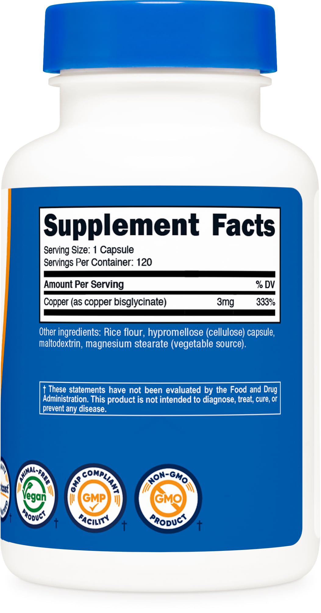 Nutricost, capsules de glycinate de cuivre, présentation sur une table
