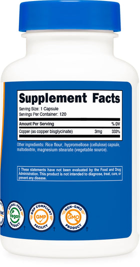 Nutricost, capsules de glycinate de cuivre, présentation sur une table
