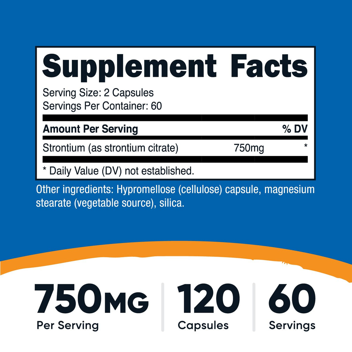 Nutricost Capsules de Strontium 750mg vue de côté avec étiquette