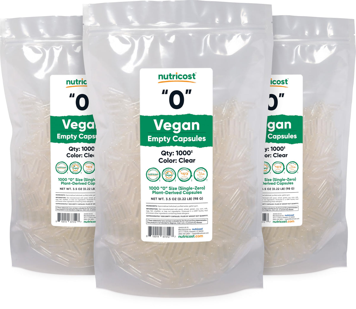 Nutricost capsules vides sur fond blanc, montrant la clarté et la qualité