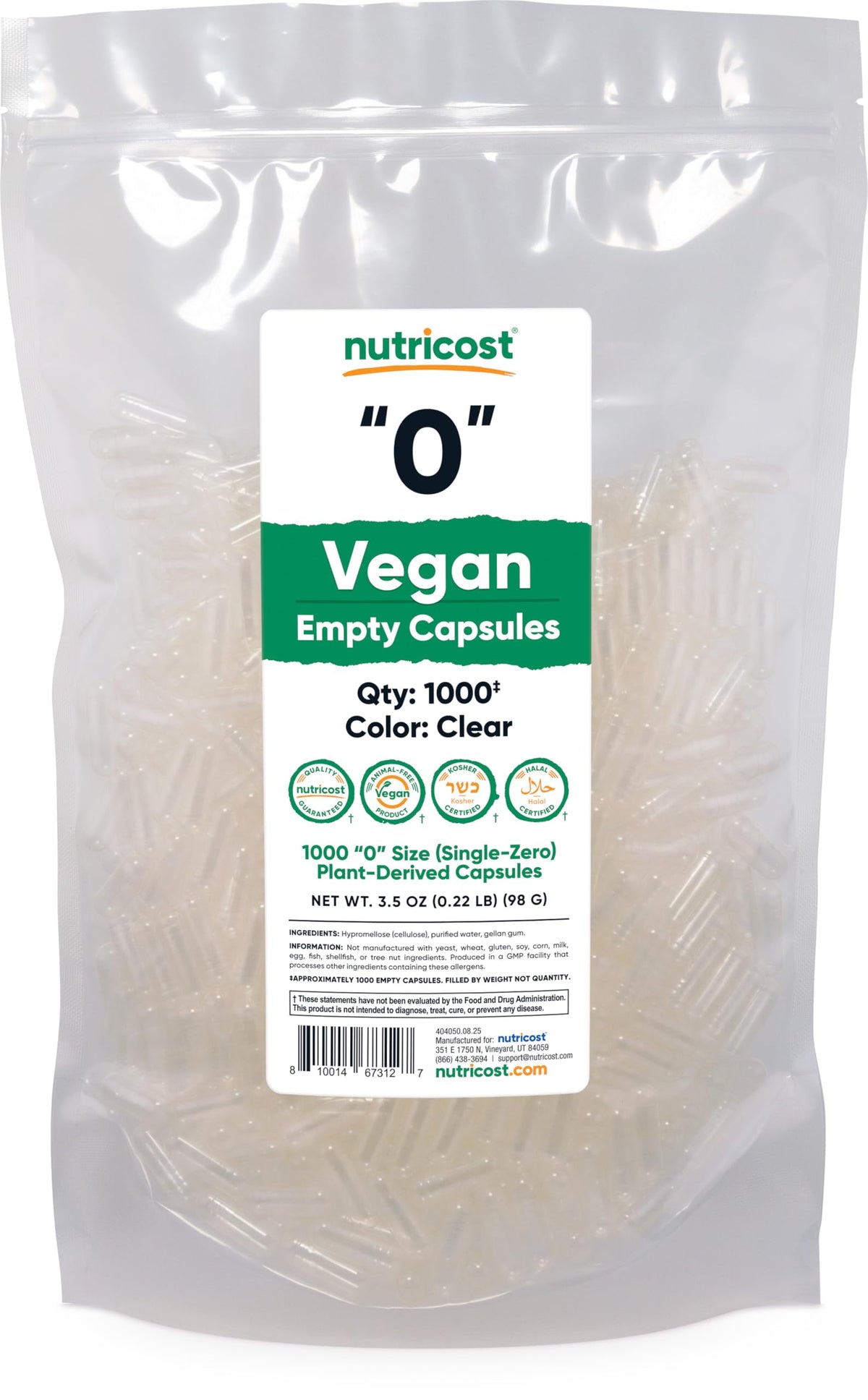 Nutricost capsules vides taille 0, 1000 unités en emballage transparent