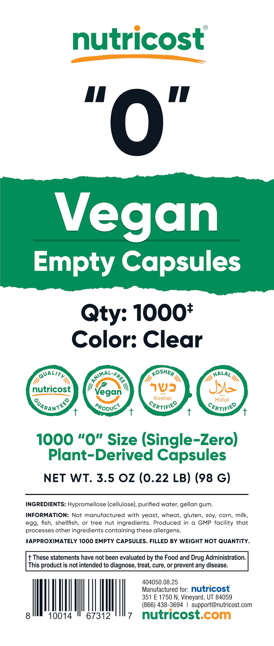 Nutricost capsules vides taille 0 avec mesure de poudre à côté