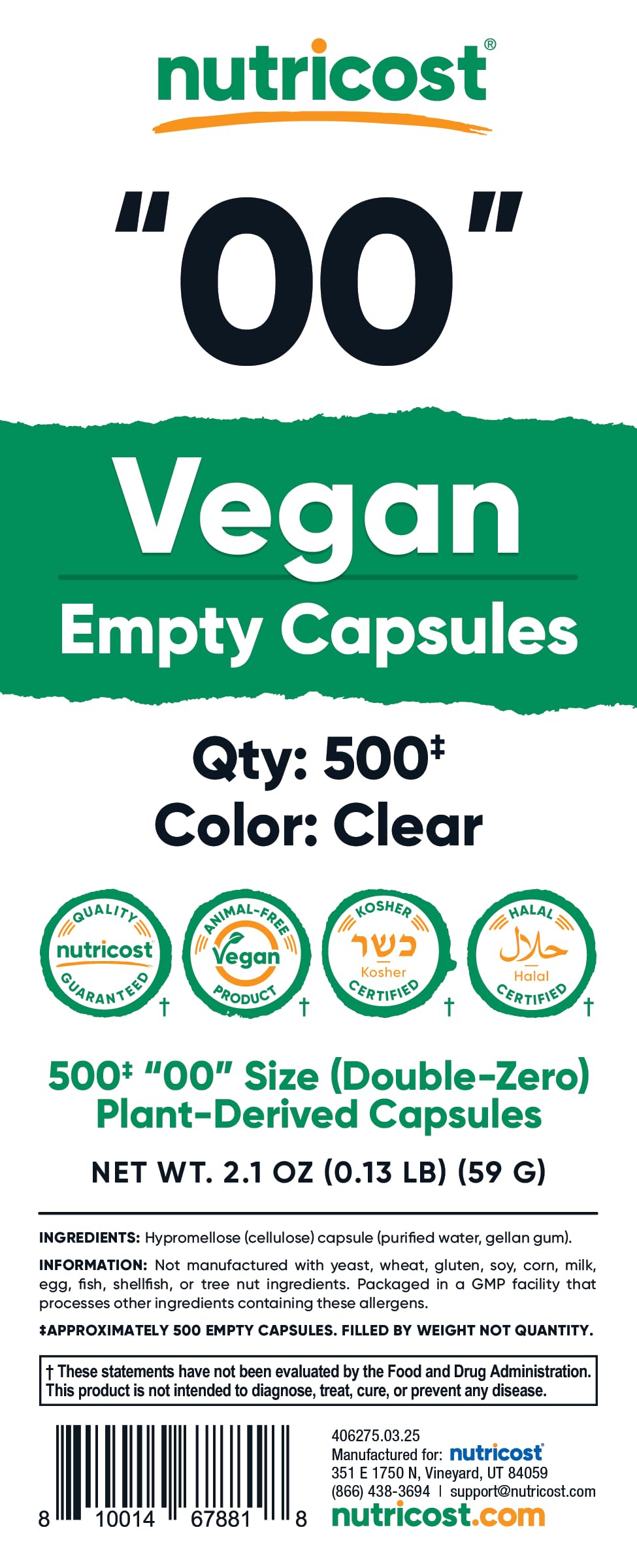 Nutricost Capsules Vides Vegan Taille 00 avec dosage personnalisé