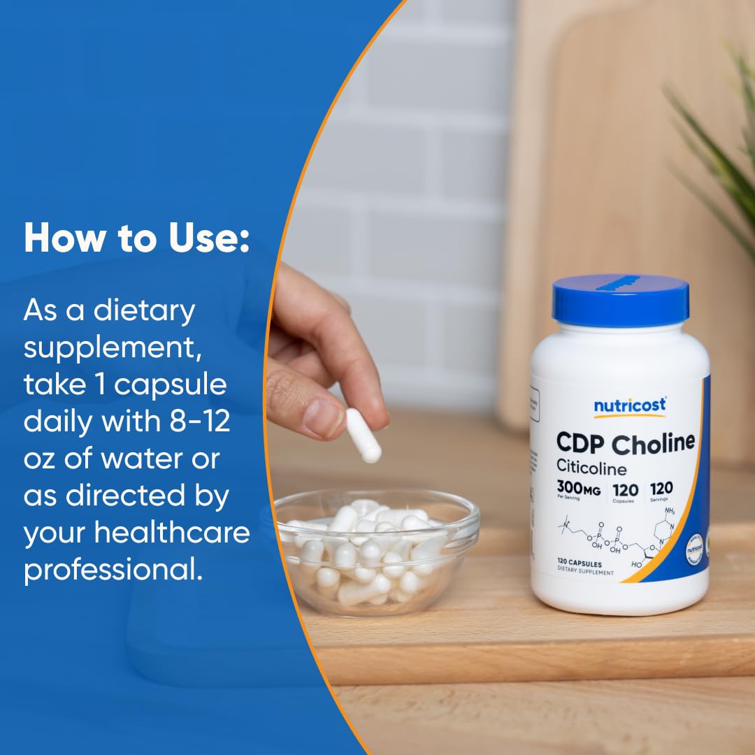 Nutricost CDP Choline 300mg capsules sur une table