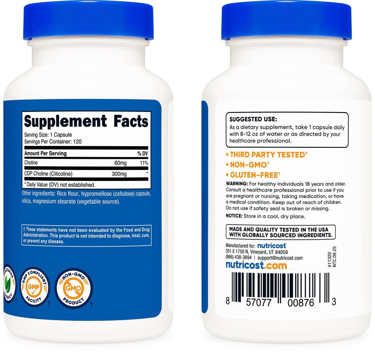 Nutricost CDP Choline 300mg étiquette avec informations nutritionnelles
