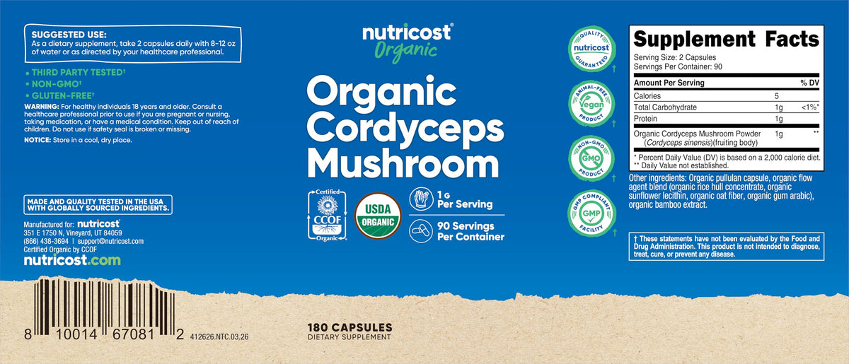 Nutricost Champignon Cordyceps Bio 1100mg capsules sur une table