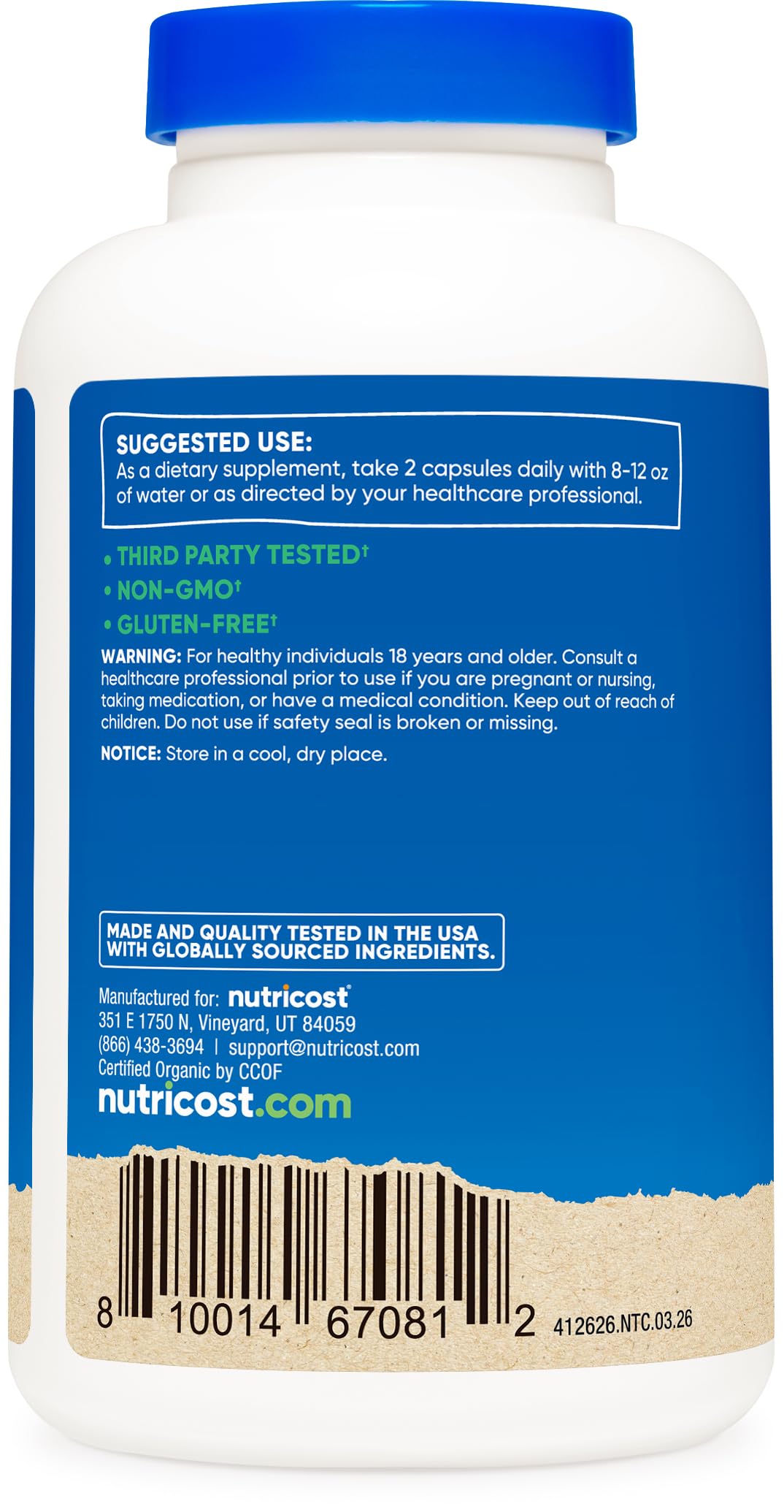 Nutricost Champignon Cordyceps Bio 180 capsules vue latérale