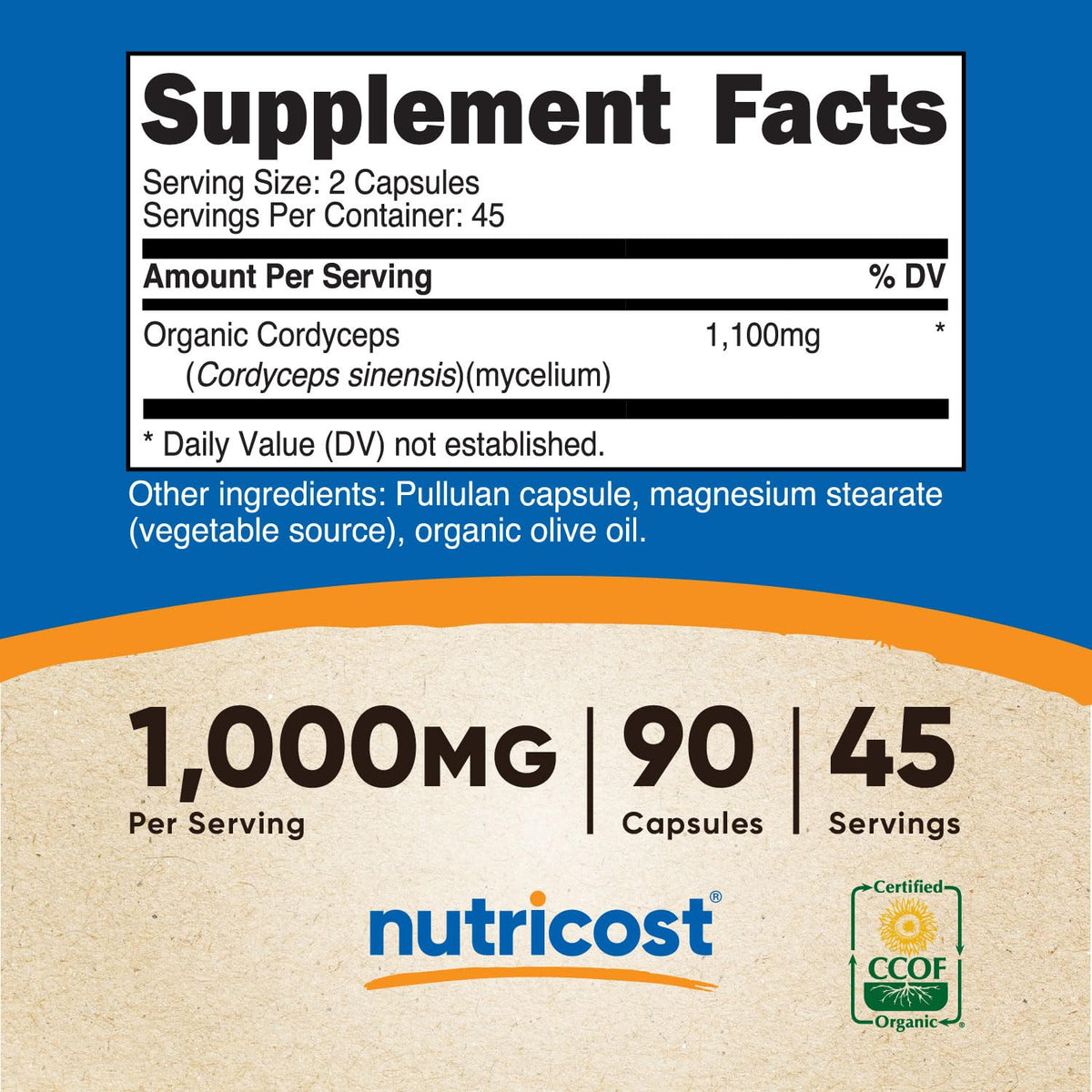 Nutricost Champignon Cordyceps capsules avec étiquette bio