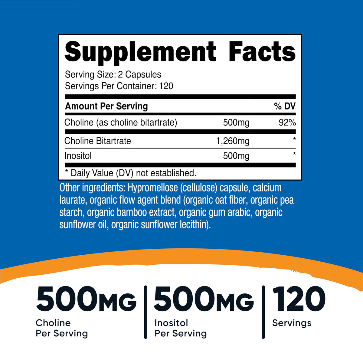 Nutricost Choline & Inositol capsules vue sur le côté