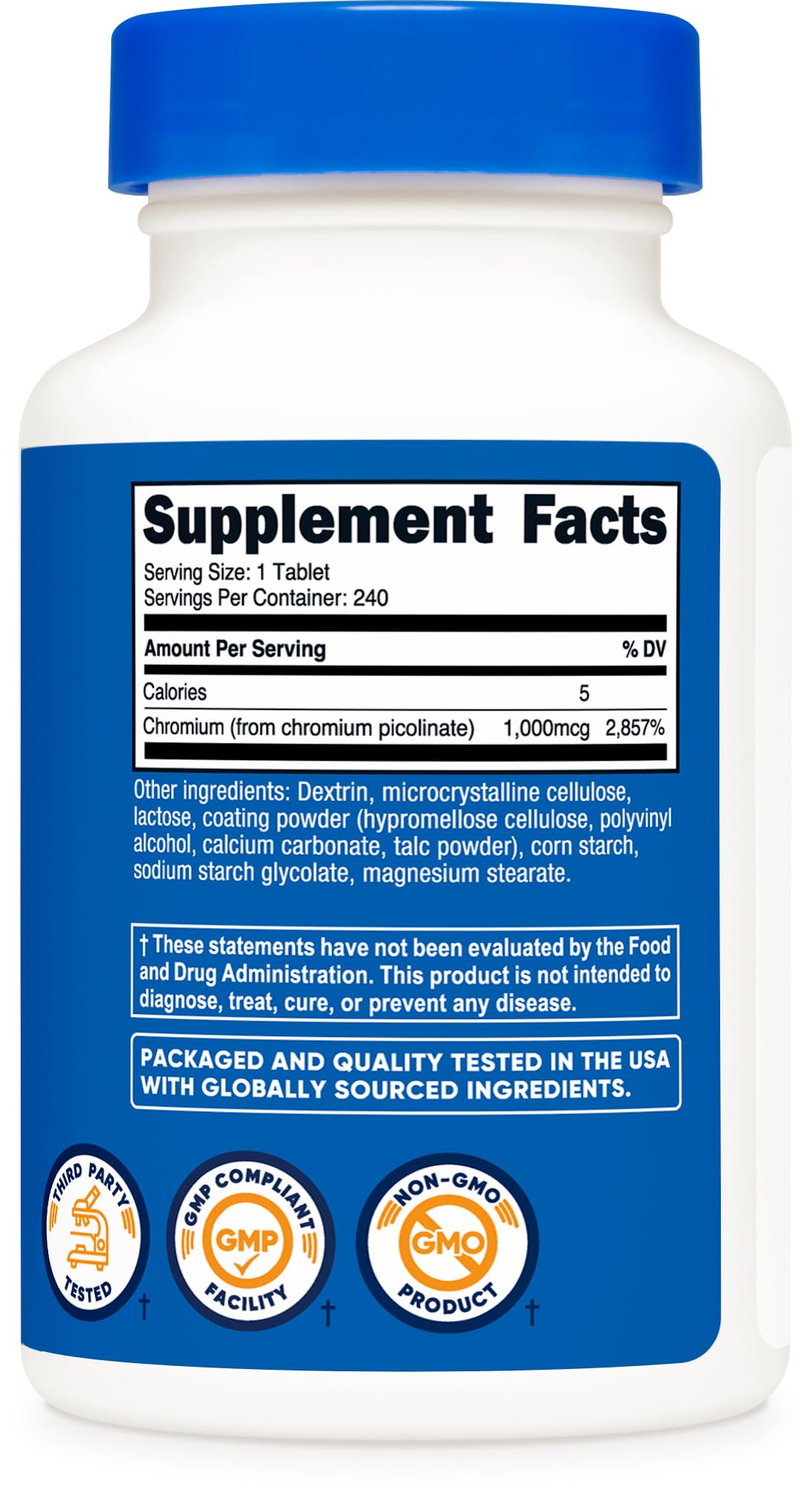 Nutricost Chrome 240 comprimés avec dosage sur l'étiquette