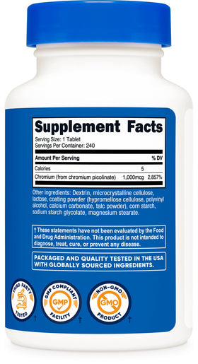Nutricost Chrome 240 comprimés avec dosage sur l'étiquette