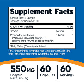 Nutricost Chrysin 550mg capsules montrant l'étiquette