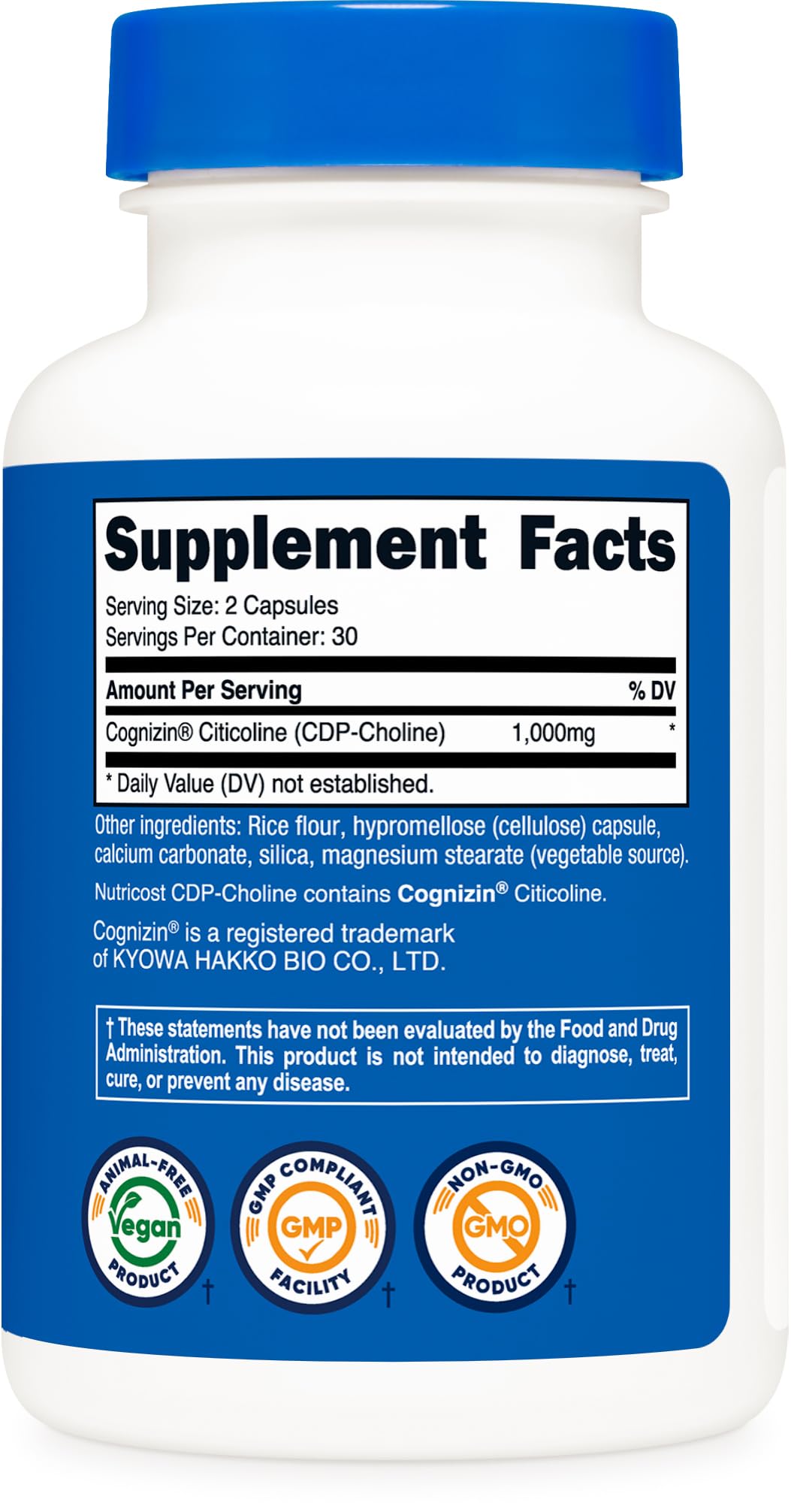 Nutricost Citicoline 60 capsules avec dosage indiqué