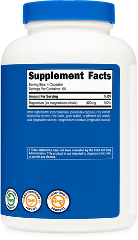 Nutricost Citrate de Magnésium 420mg avec vue latérale du flacon