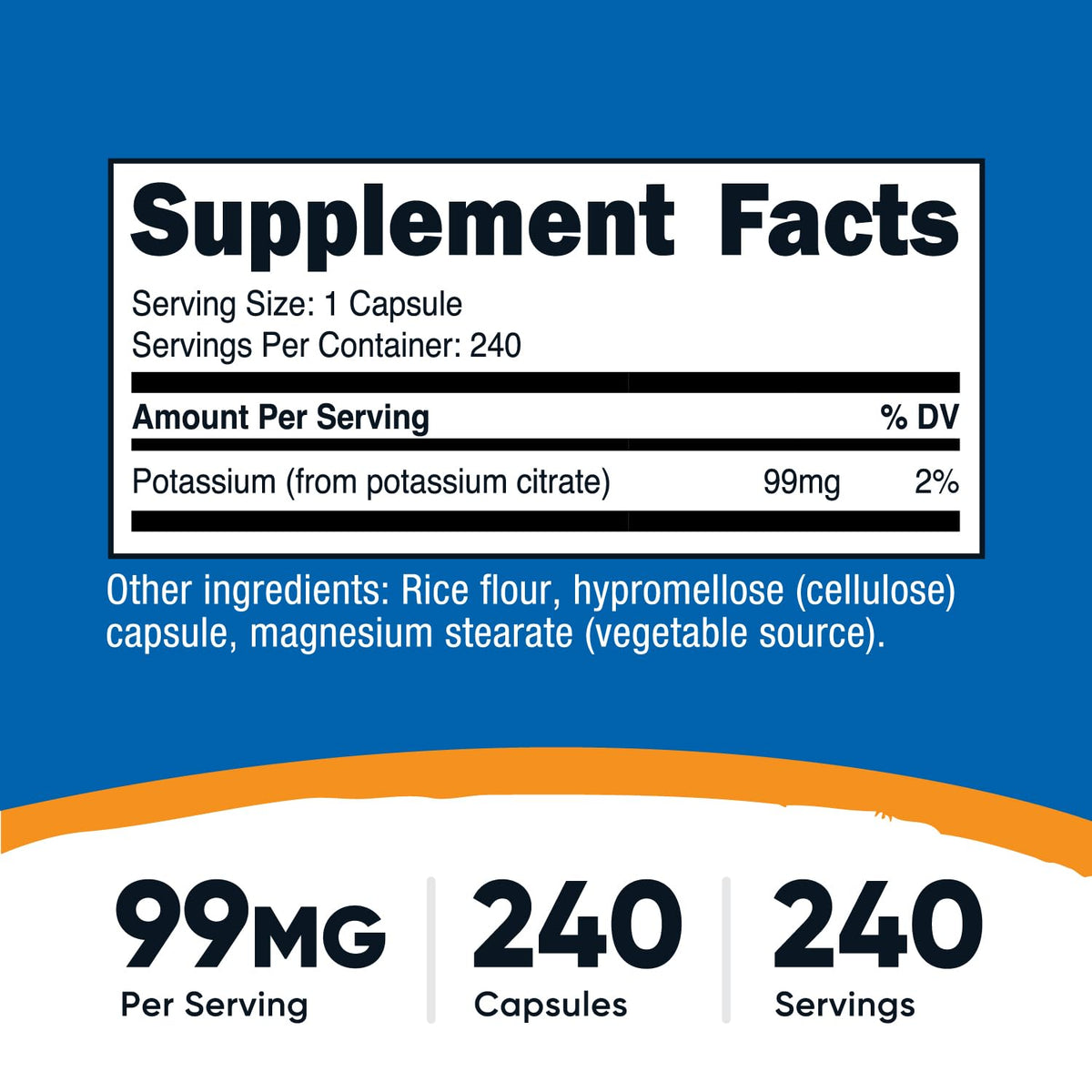 Nutricost Citrate de Potassium 99mg capsules sur une table