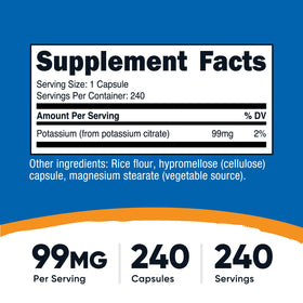 Nutricost Citrate de Potassium 99mg capsules sur une table