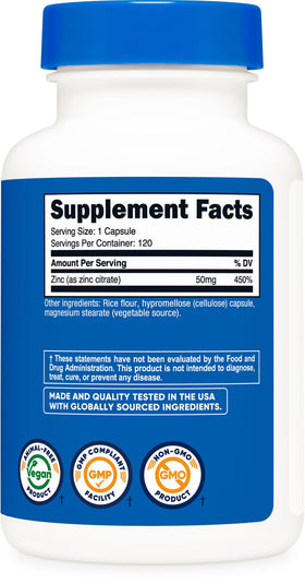 Nutricost Citrate de Zinc 50mg arrière du flacon