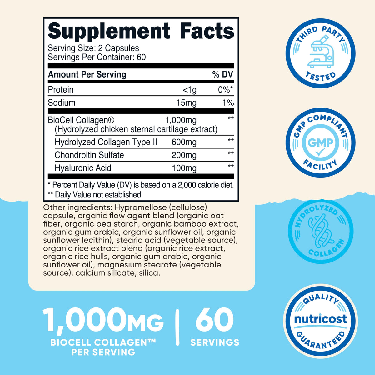 Nutricost Collagène BioCell flacon avec étiquette