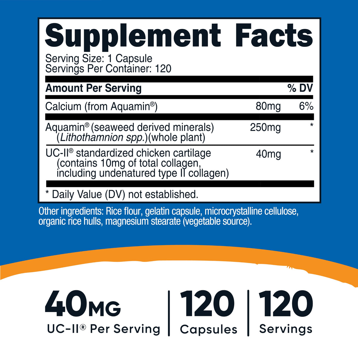 Nutricost Collagène UC-II 40mg, capsules sur fond blanc