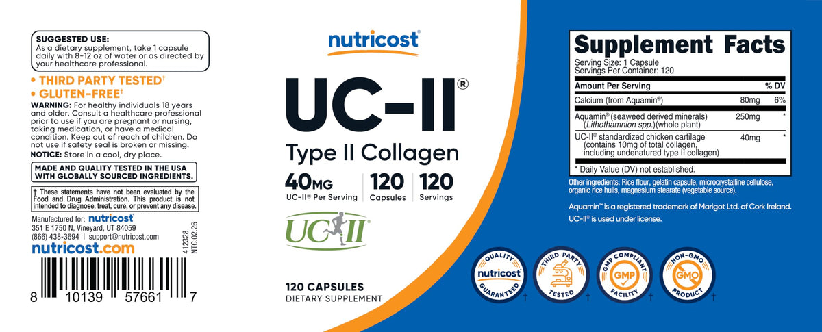 Nutricost Collagène UC-II 40mg, flacon ouvert avec capsules visibles