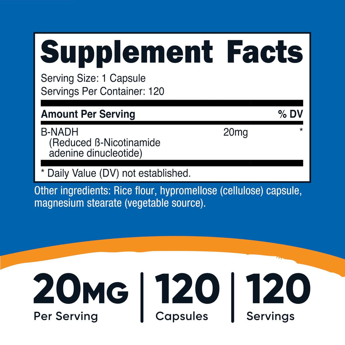 Nutricost Complément NADH 20mg 120 Capsules, étiquette détaillée